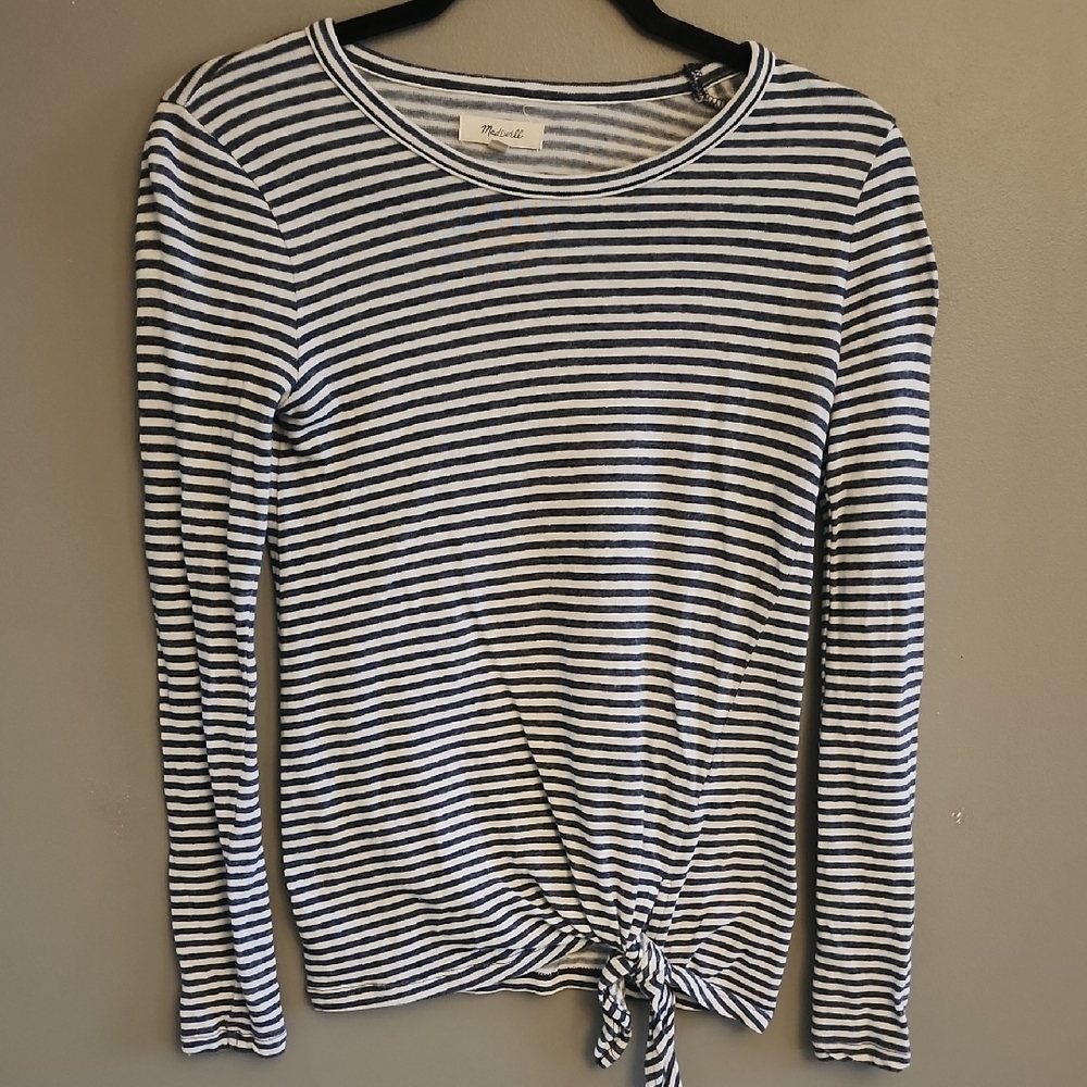 Madewell Linen Navy and White Striped Long Sleeve Top